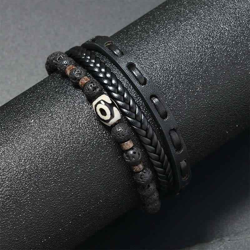 Fortune Jewel Dzi Bead Lava Rock Multilayered Braided Leather Wealth Bracelet