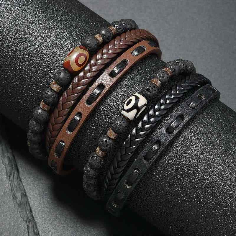 Fortune Jewel Dzi Bead Lava Rock Multilayered Braided Leather Wealth Bracelet
