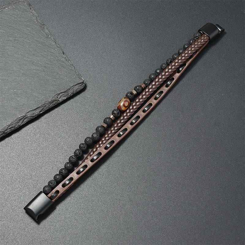 Fortune Jewel Dzi Bead Lava Rock Multilayered Braided Leather Wealth Bracelet