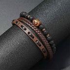Fortune Jewel Dzi Bead Lava Rock Multilayered Braided Leather Wealth Bracelet