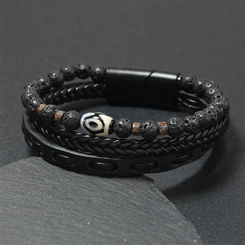 Fortune Jewel Dzi Bead Lava Rock Multilayered Braided Leather Wealth Bracelet