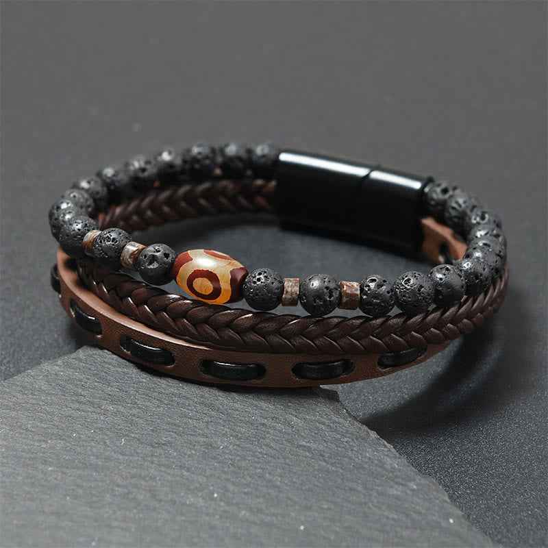 Fortune Jewel Dzi Bead Lava Rock Multilayered Braided Leather Wealth Bracelet
