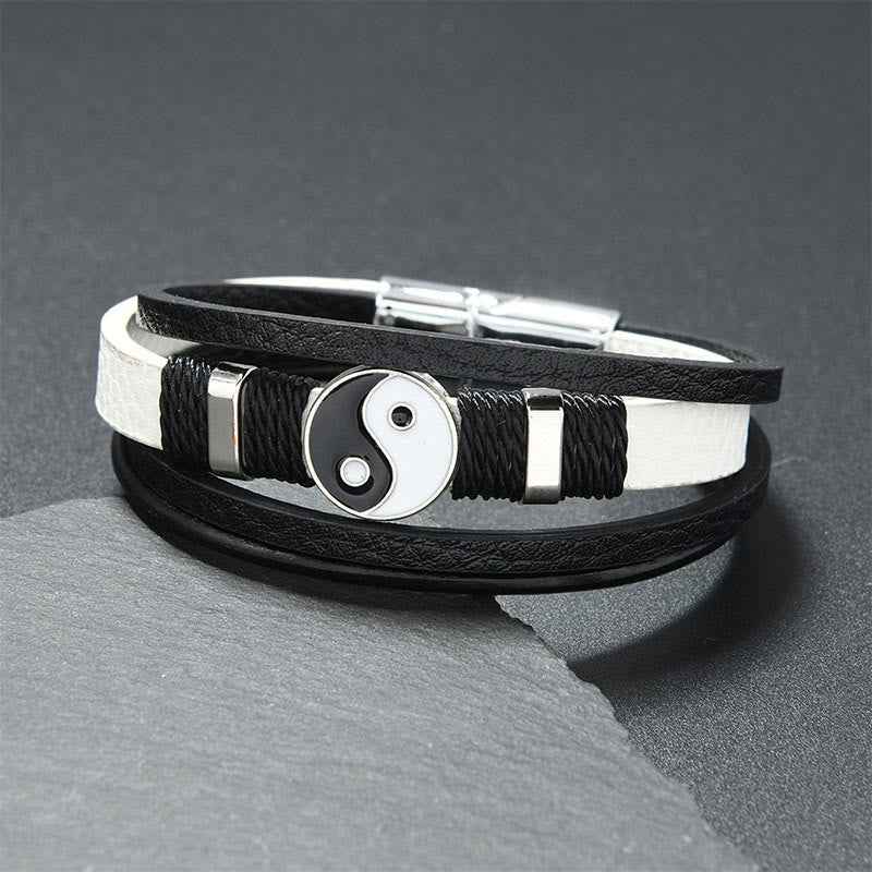 Fortune Jewel Black White YIN YANG Multilayered Leather Balance Bracelet