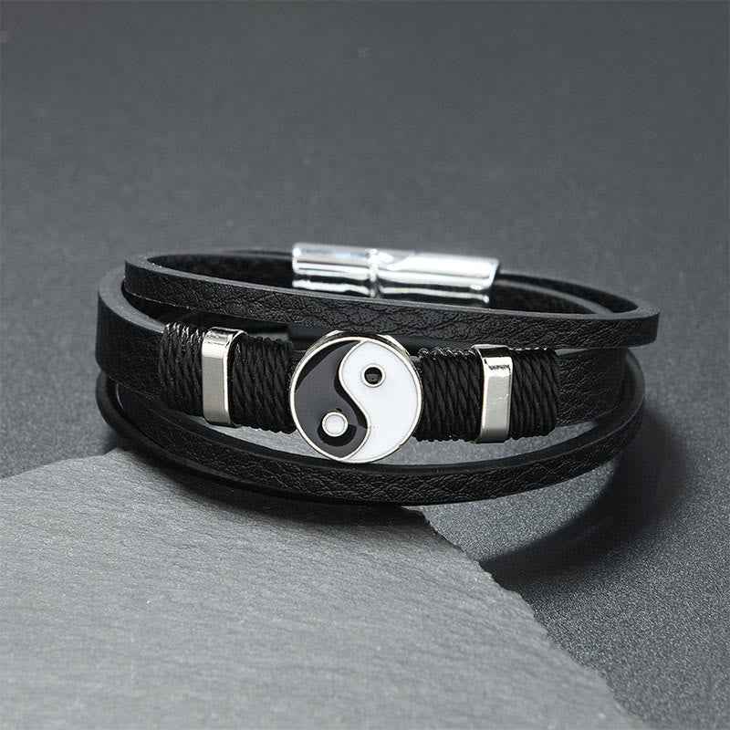 Fortune Jewel Black White YIN YANG Multilayered Leather Balance Bracelet
