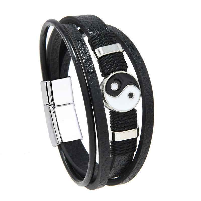 Fortune Jewel Black White YIN YANG Multilayered Leather Balance Bracelet