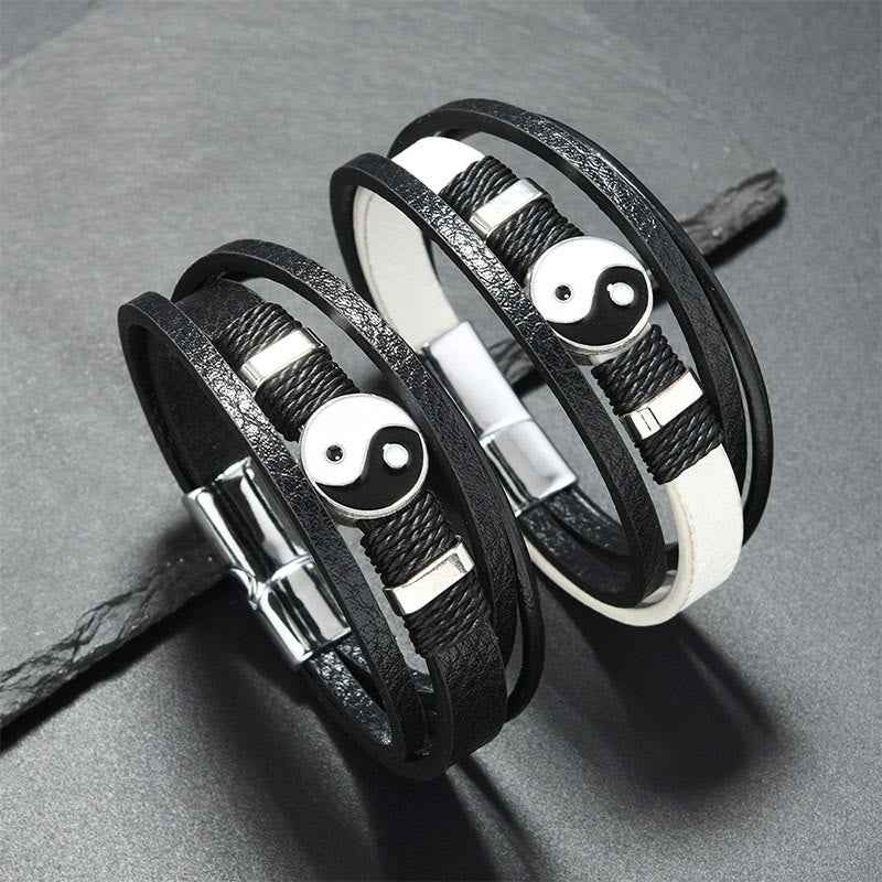 Fortune Jewel Black White YIN YANG Multilayered Leather Balance Bracelet
