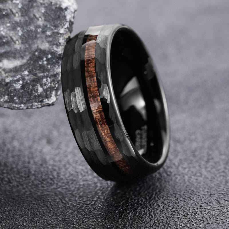 Fortune Jewel Hammered Texture Inlay Tungsten Steel Endurance Ring