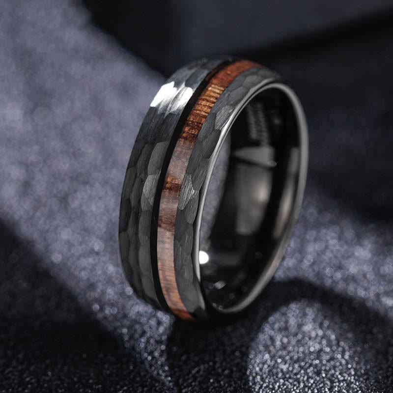 Fortune Jewel Hammered Texture Inlay Tungsten Steel Endurance Ring