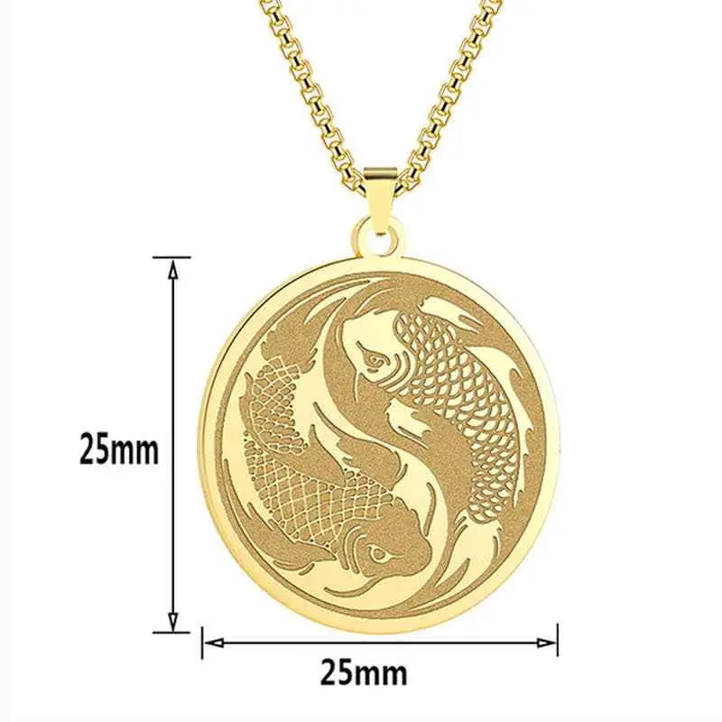 Fortune Jewel Stainless Steel Double Koi Fish Success Necklace Pendant