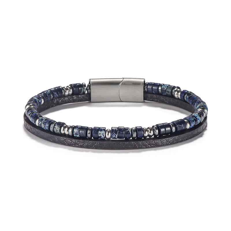 Fortune Jewel Lapis Lazuli Tiger Eye Bead Balance Leather Bracelet
