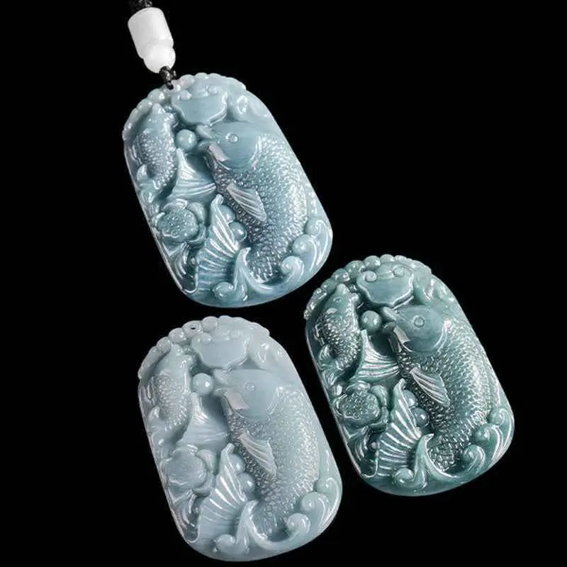 Fortune Jewel Natural Jade Carving Double Koi Fish Rope Prosperity Necklace Pendant