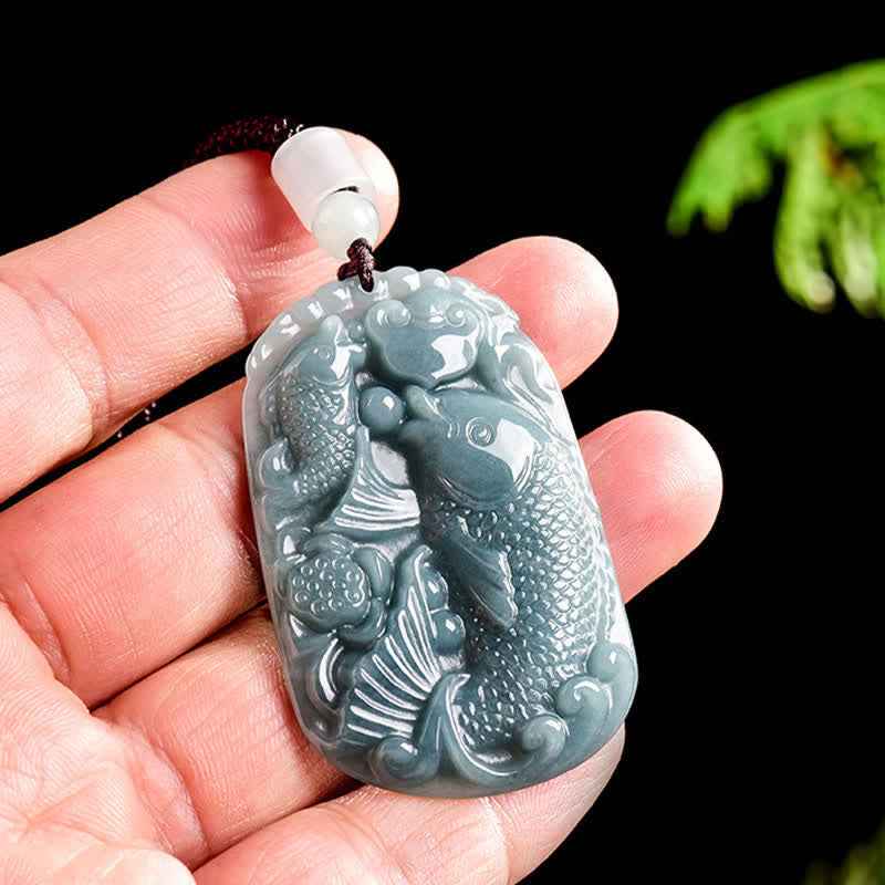 Fortune Jewel Natural Jade Carving Double Koi Fish Rope Prosperity Necklace Pendant