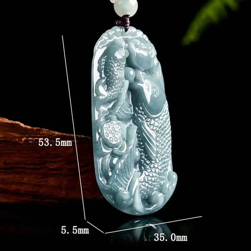 Fortune Jewel Natural Jade Carving Double Koi Fish Rope Prosperity Necklace Pendant