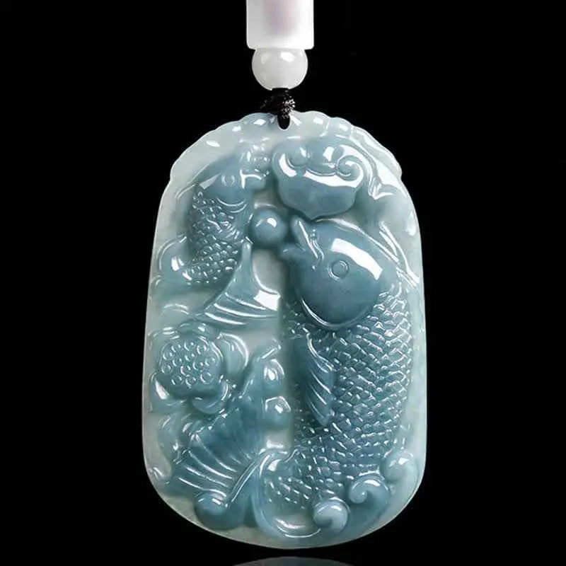 Fortune Jewel Natural Jade Carving Double Koi Fish Rope Prosperity Necklace Pendant