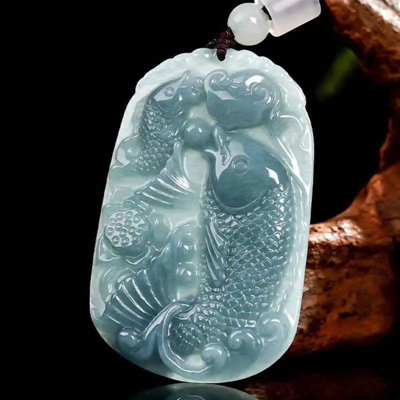 Fortune Jewel Natural Jade Carving Double Koi Fish Rope Prosperity Necklace Pendant