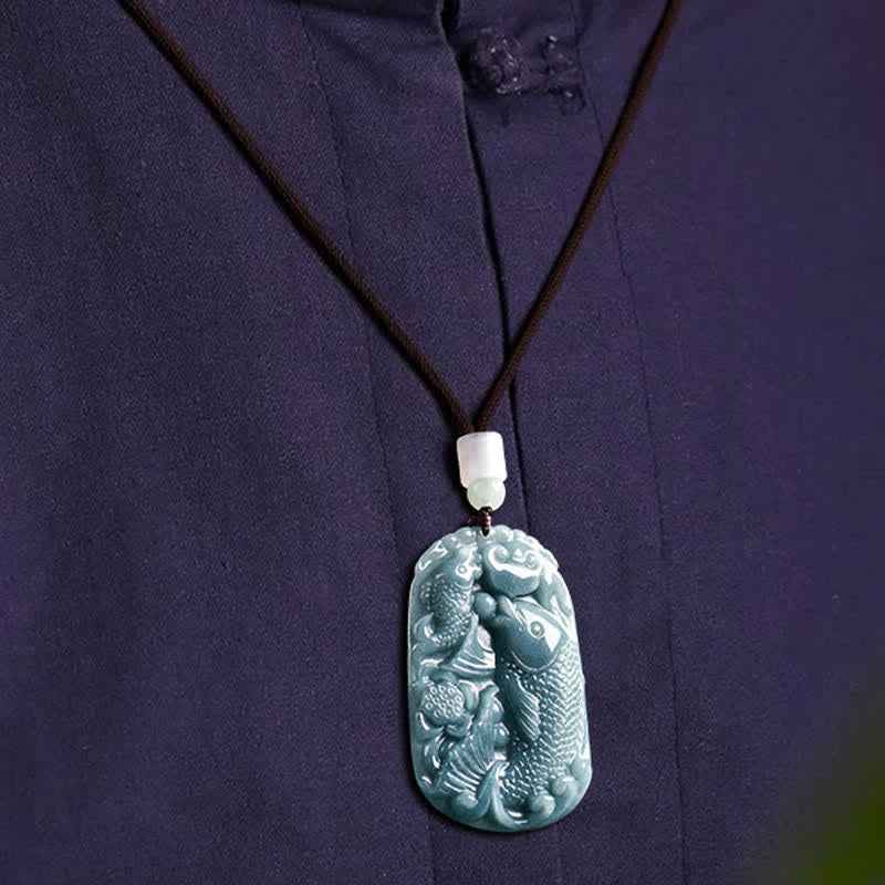 Fortune Jewel Natural Jade Carving Double Koi Fish Rope Prosperity Necklace Pendant