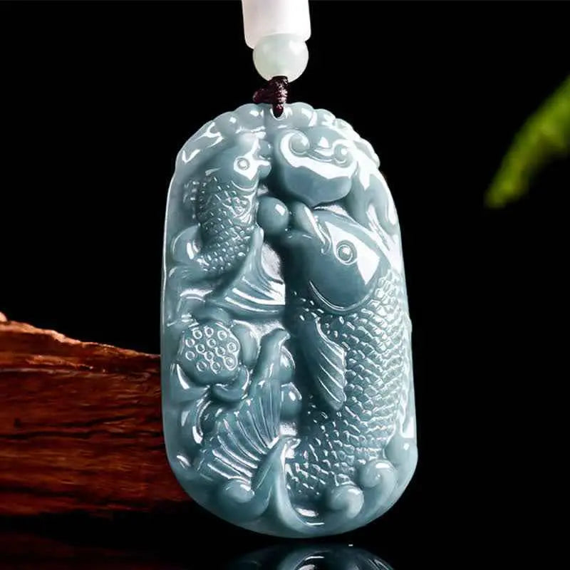 Fortune Jewel Natural Jade Carving Double Koi Fish Rope Prosperity Necklace Pendant