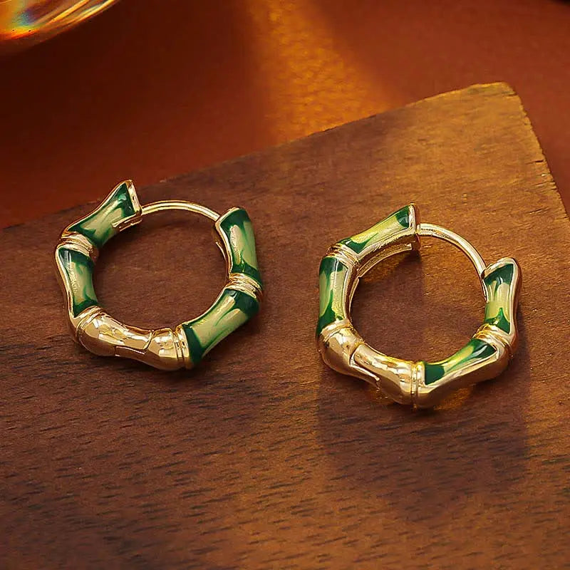 Fortune Jewel Round Bamboo Dripping Design Copper Fortune Hoop Earrings