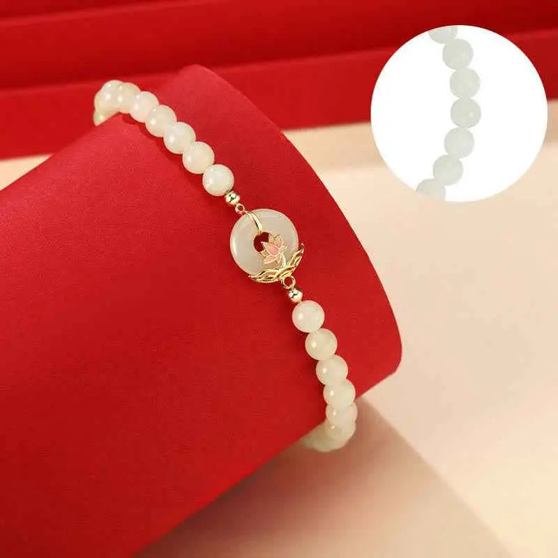 Fortune Jewel 925 Sterling Silver Hetian White Jade Lotus Symbol Peace Buckle Harmony Beaded Bracelet