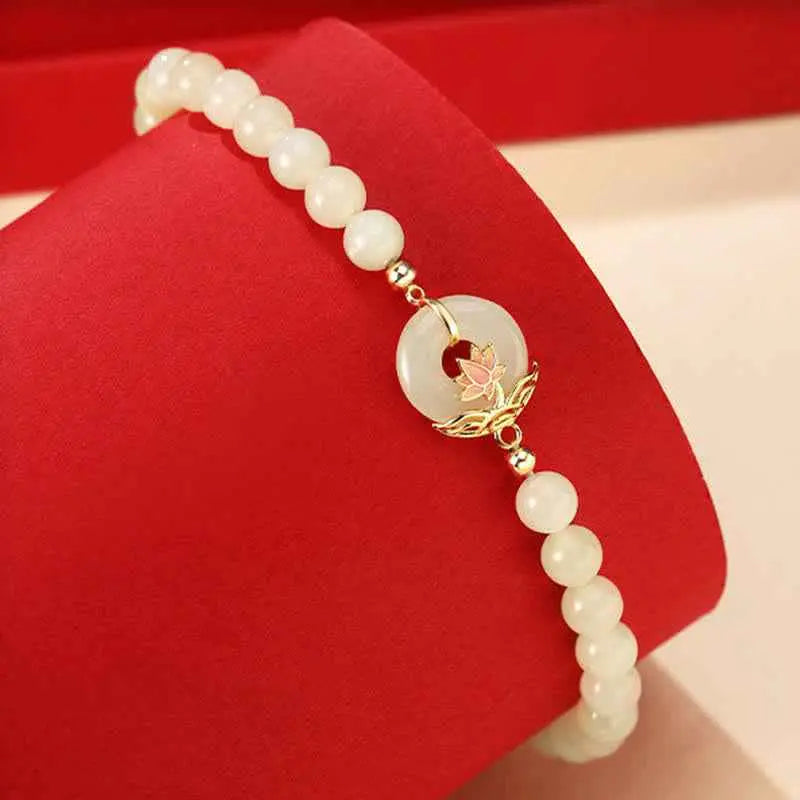 Fortune Jewel 925 Sterling Silver Hetian White Jade Lotus Symbol Peace Buckle Harmony Beaded Bracelet