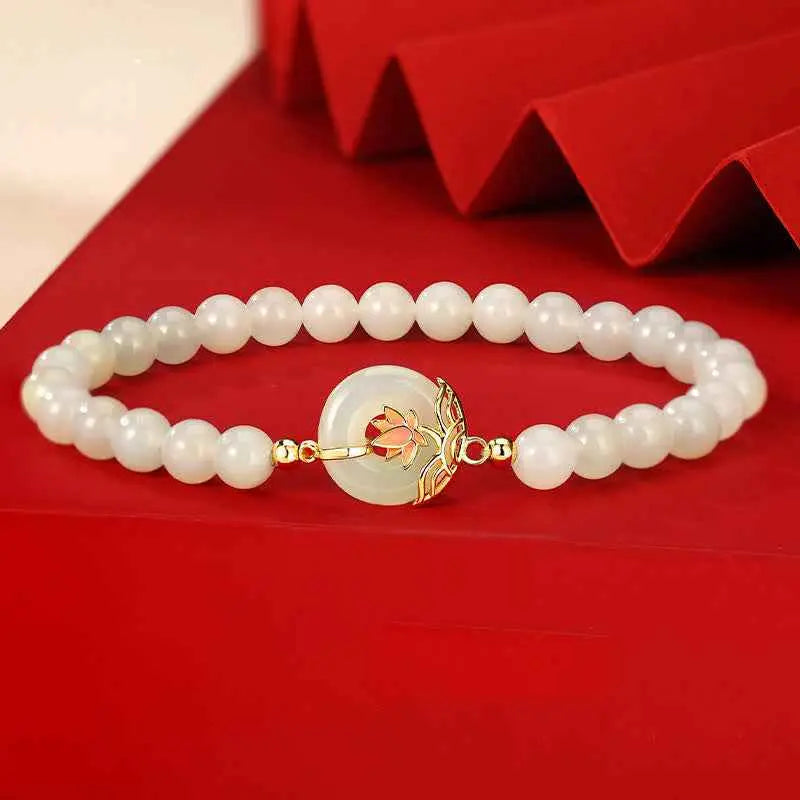 Fortune Jewel 925 Sterling Silver Hetian White Jade Lotus Symbol Peace Buckle Harmony Beaded Bracelet