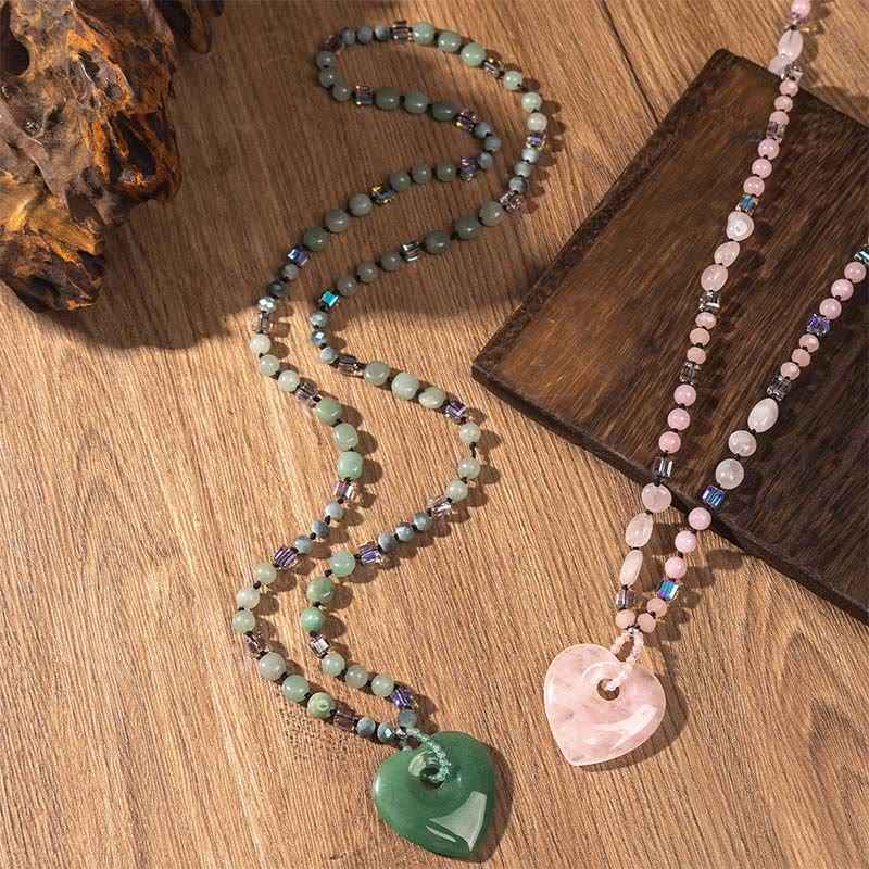 Fortune Jewel Rose Quartz Green Aventurine Love Heart Beads Luck Necklace Pendant