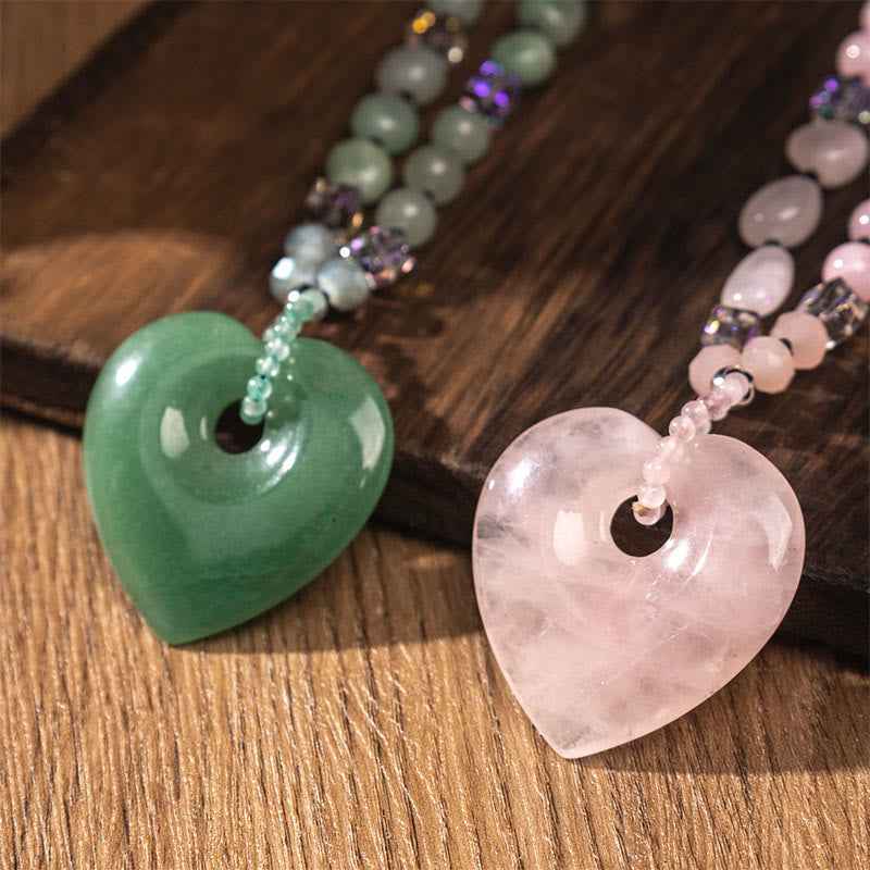 Fortune Jewel Rose Quartz Green Aventurine Love Heart Beads Luck Necklace Pendant