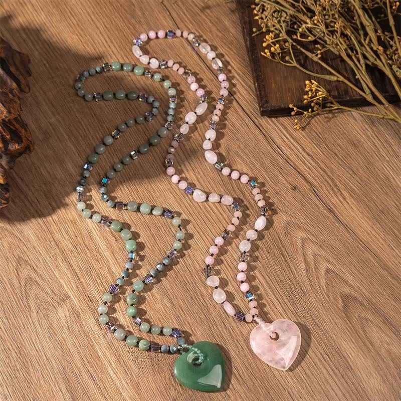 Fortune Jewel Rose Quartz Green Aventurine Love Heart Beads Luck Necklace Pendant