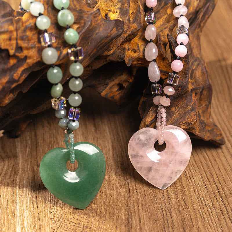 Fortune Jewel Rose Quartz Green Aventurine Love Heart Beads Luck Necklace Pendant