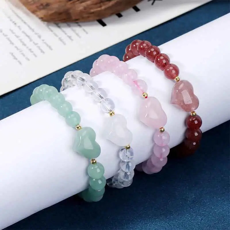 Fortune Jewel Natural Amethyst Green Aventurine Tiger Eye Strawberry Quartz Love Heart Spiritual Bracelet