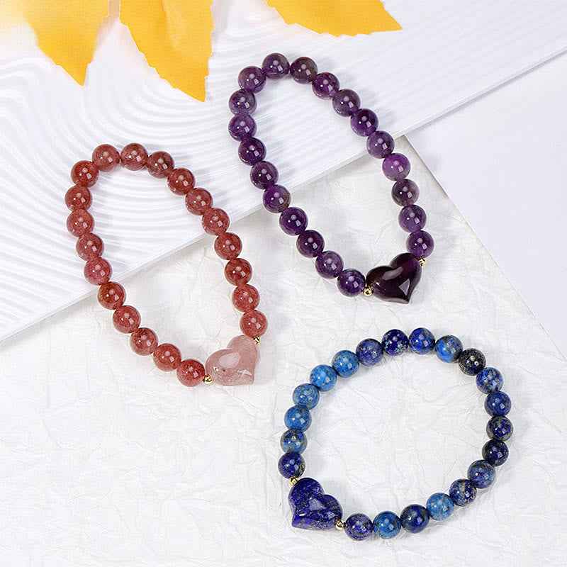 Fortune Jewel Natural Amethyst Green Aventurine Tiger Eye Strawberry Quartz Love Heart Spiritual Bracelet