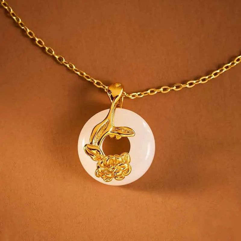 Fortune Jewel 925 Sterling Silver Peony Peace Buckle Hetian White Jade Blessing Necklace Pendant