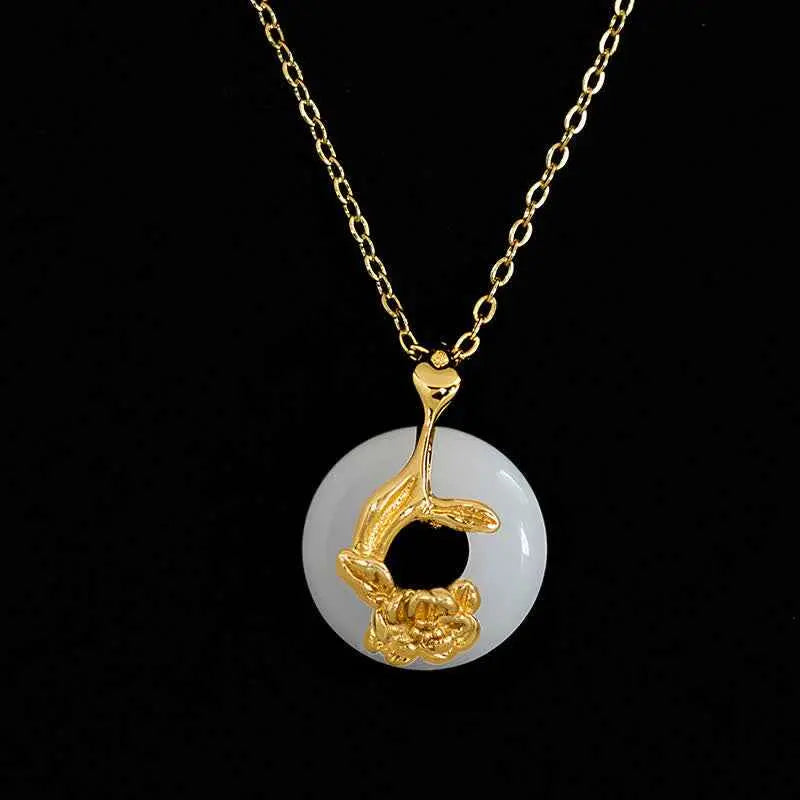 Fortune Jewel 925 Sterling Silver Peony Peace Buckle Hetian White Jade Blessing Necklace Pendant