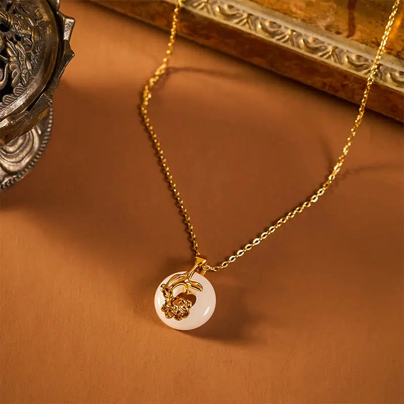 Fortune Jewel 925 Sterling Silver Peony Peace Buckle Hetian White Jade Blessing Necklace Pendant