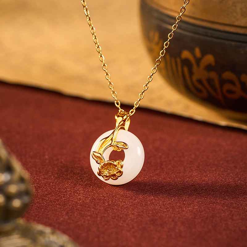 Fortune Jewel 925 Sterling Silver Peony Peace Buckle Hetian White Jade Blessing Necklace Pendant