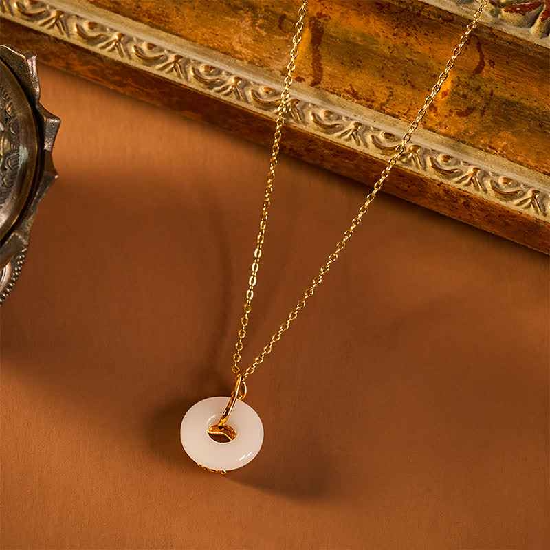 Fortune Jewel 925 Sterling Silver Peony Peace Buckle Hetian White Jade Blessing Necklace Pendant