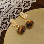 Fortune Jewel Tiger Eye Leaves Design Copper Protection Earrings