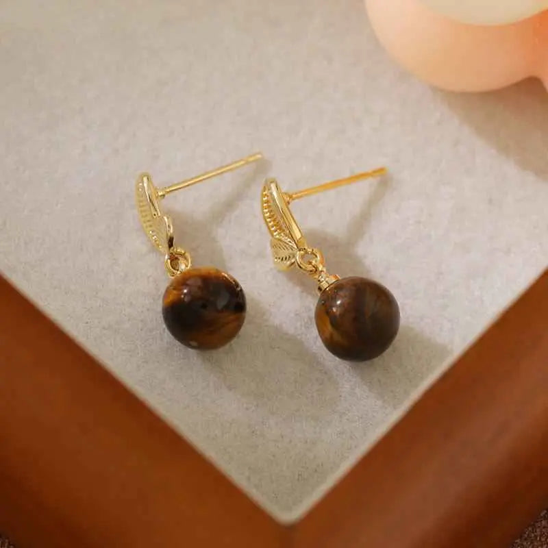 Fortune Jewel Tiger Eye Leaves Design Copper Protection Earrings