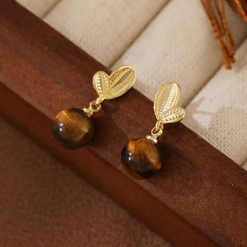 Fortune Jewel Tiger Eye Leaves Design Copper Protection Earrings