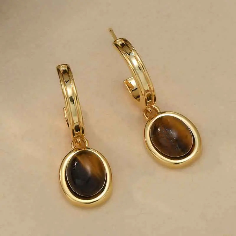 Fortune Jewel Tiger Eye Retro Round Copper Protection Stud Earrings