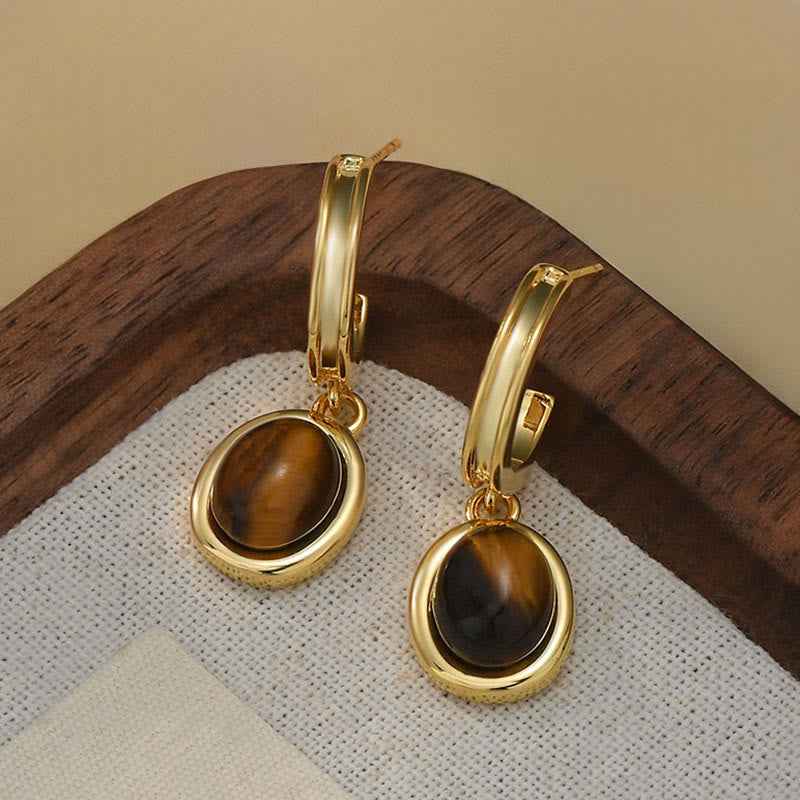 Fortune Jewel Tiger Eye Retro Round Copper Protection Stud Earrings