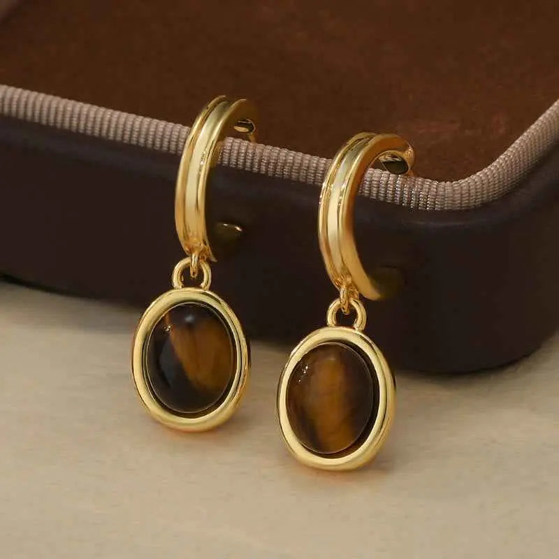 Fortune Jewel Tiger Eye Retro Round Copper Protection Stud Earrings