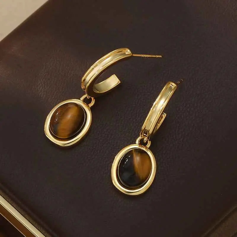 Fortune Jewel Tiger Eye Retro Round Copper Protection Stud Earrings