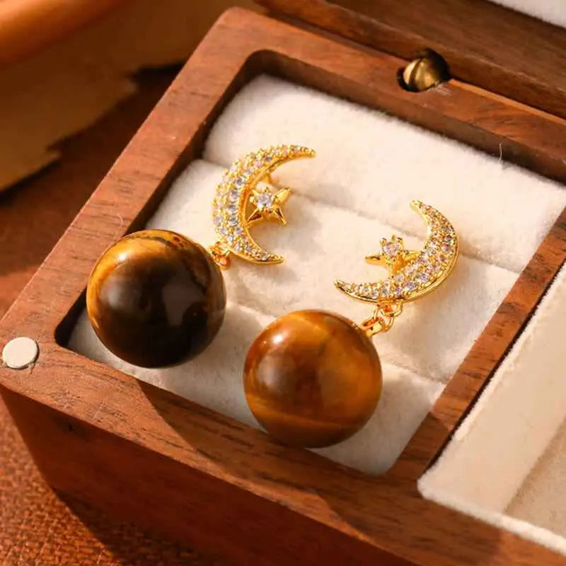 Fortune Jewel Tiger Eye Round Bead Fish Tail Irregular Design Protection Earrings