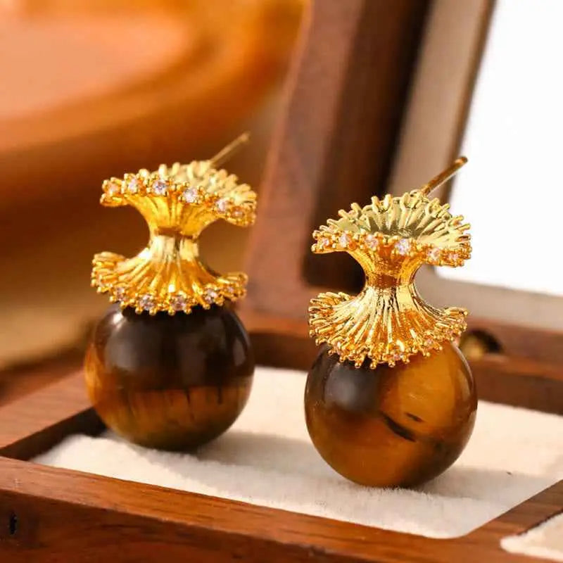 Fortune Jewel Tiger Eye Round Bead Fish Tail Irregular Design Protection Earrings