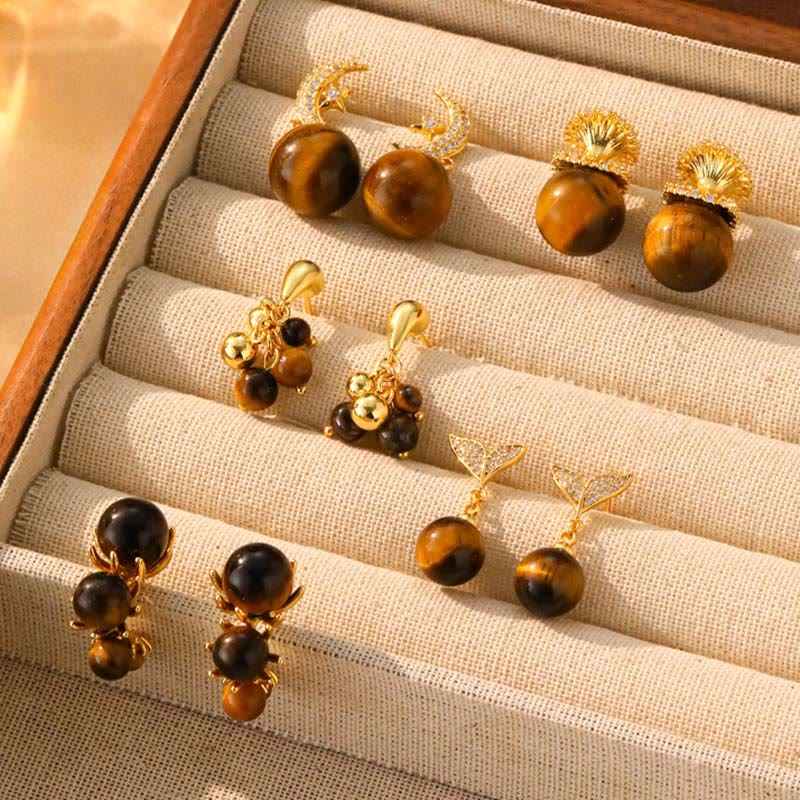 Fortune Jewel Tiger Eye Round Bead Fish Tail Irregular Design Protection Earrings
