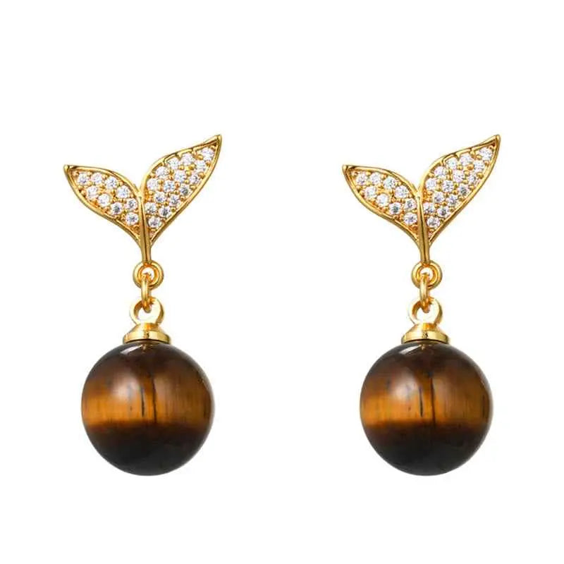 Fortune Jewel Tiger Eye Round Bead Fish Tail Irregular Design Protection Earrings