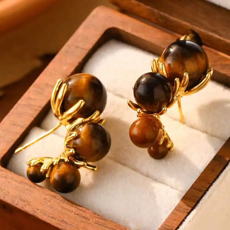 Fortune Jewel Tiger Eye Round Bead Fish Tail Irregular Design Protection Earrings