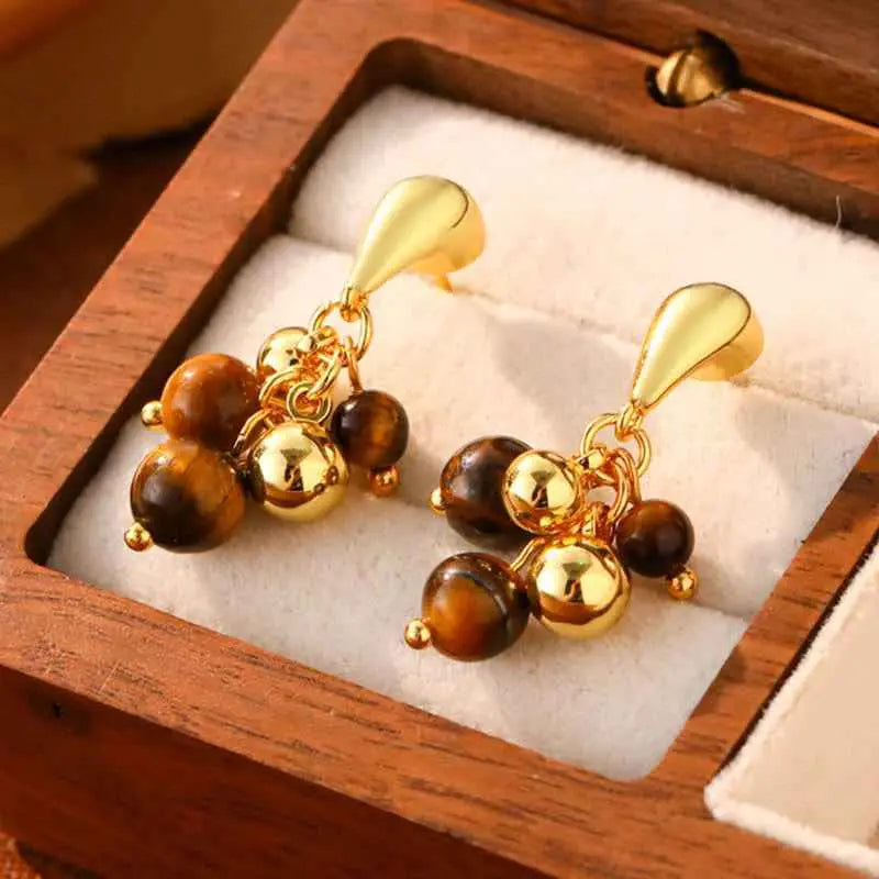 Fortune Jewel Tiger Eye Round Bead Fish Tail Irregular Design Protection Earrings