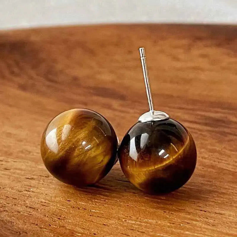 Fortune Jewel Simple Tiger Eye Retro Round Protection Stud Earrings